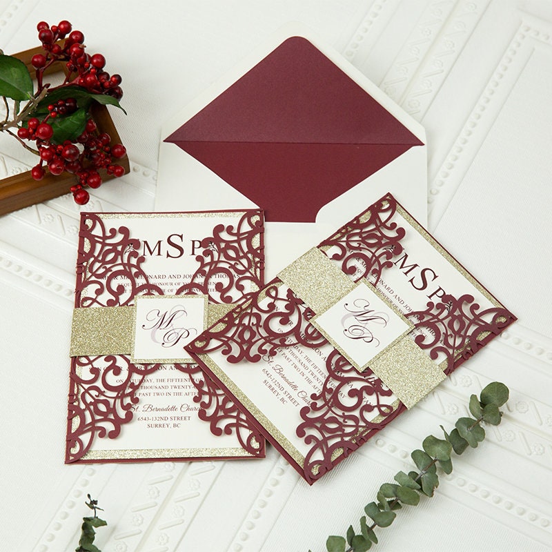 Burgundy Laser Cut Wedding Invitation, Gold Glitter Belly Band