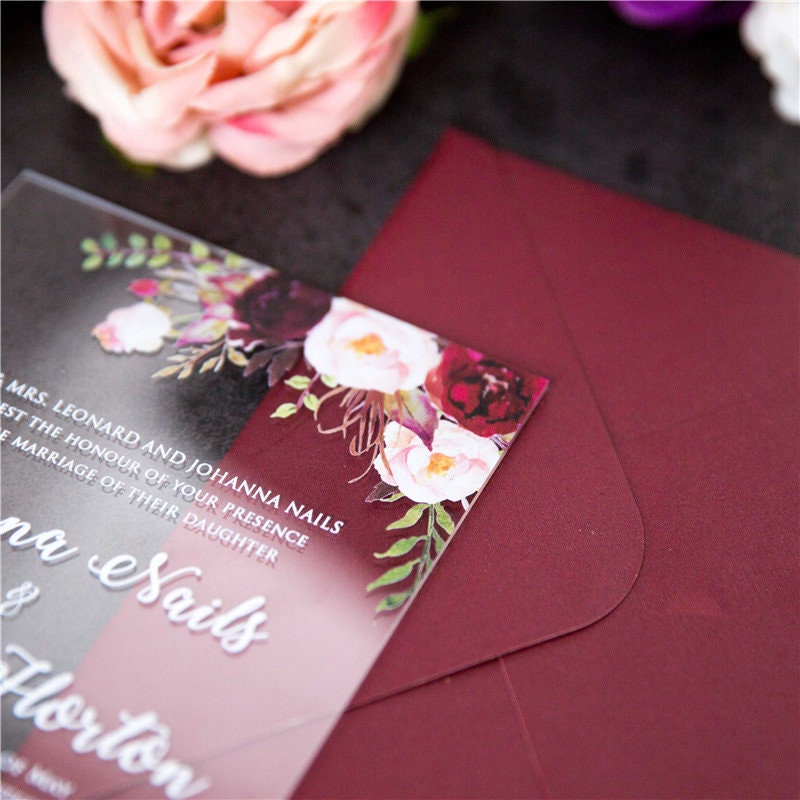 Acrylic Wedding Invitation: Clear Perspex with Burgundy Floral Design