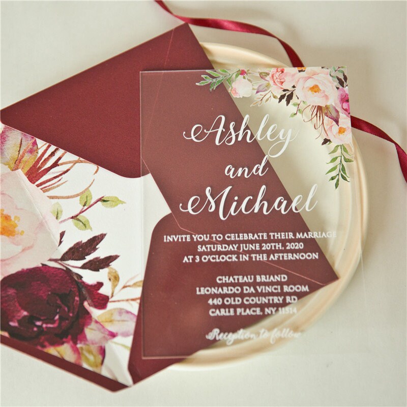 Acrylic Wedding Invitation: Clear Perspex with Pink Florals