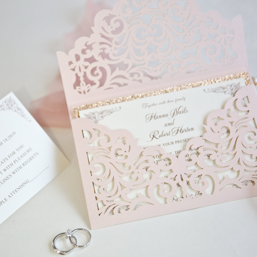 Blush Pink & Rose Gold Glitter Lasercut Envelope Wedding Invitation