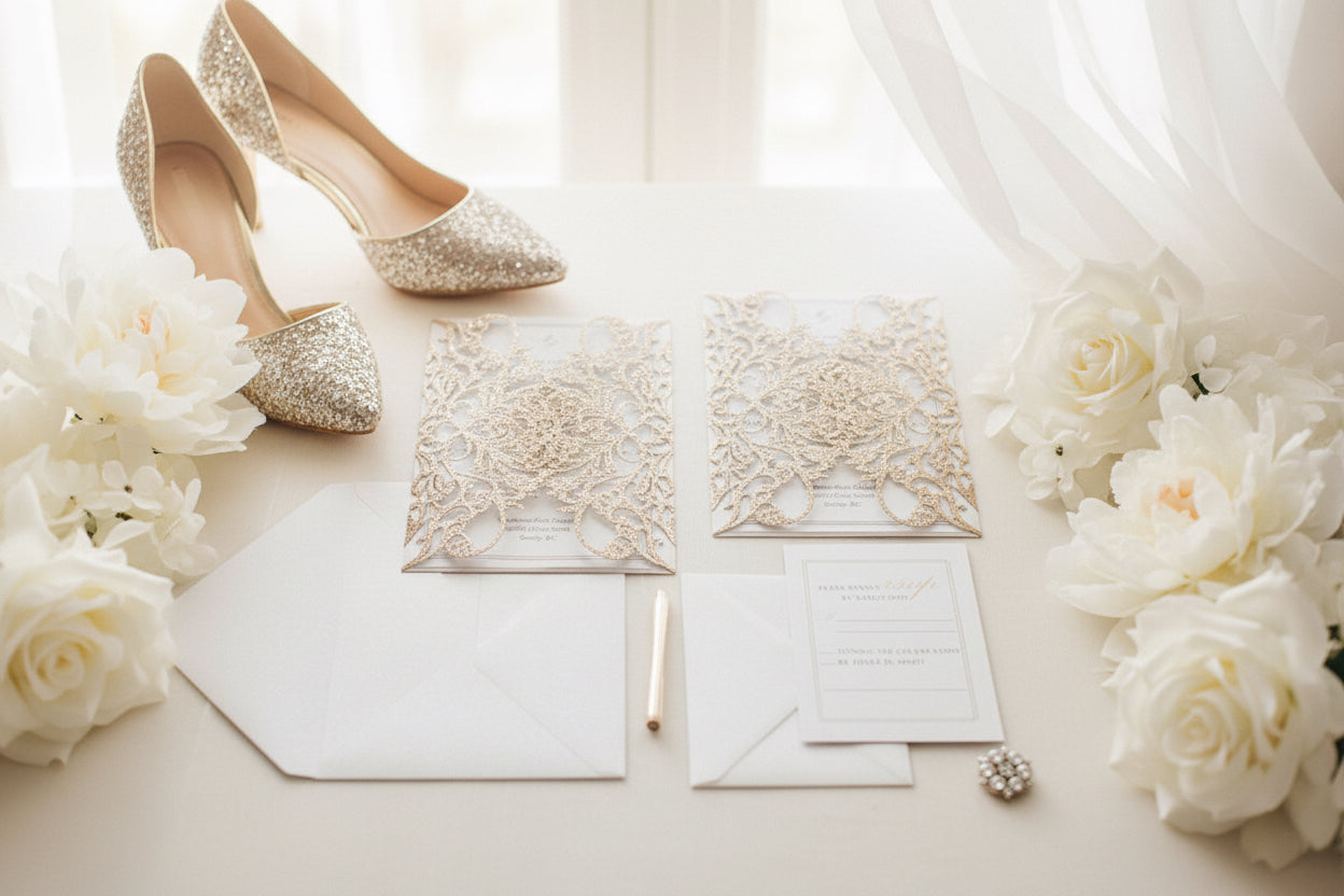 Rose Gold Glitter & White Delicate Lasercut Gatefold Wedding Invite