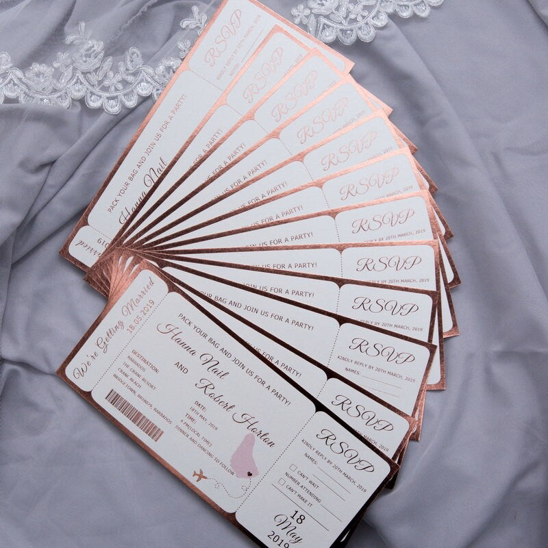Foiled Boarding Pass Destination Wedding Invitation