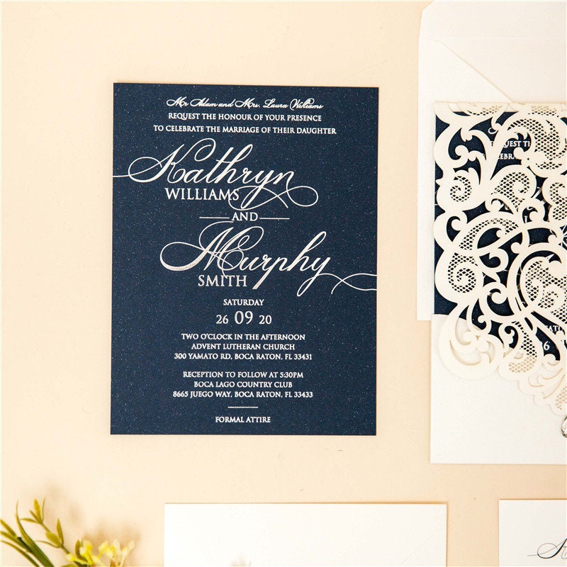 Ivory & Navy Lasercut Wedding Invite with Silver Foil Detailing