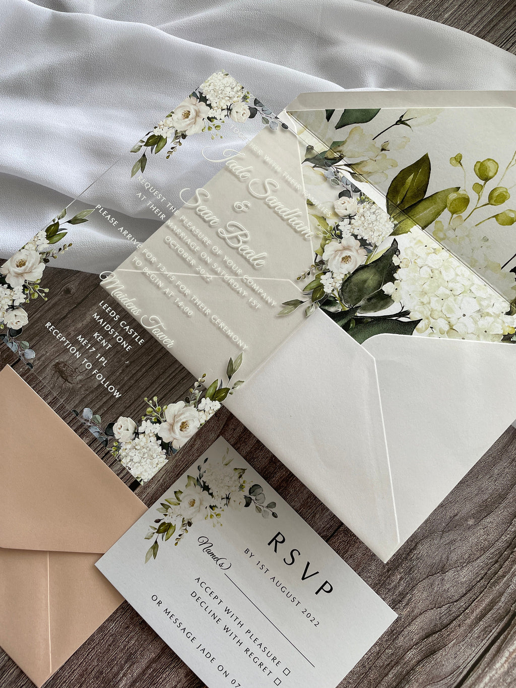 Clear Acrylic White Roses & Foliage Wedding Invite