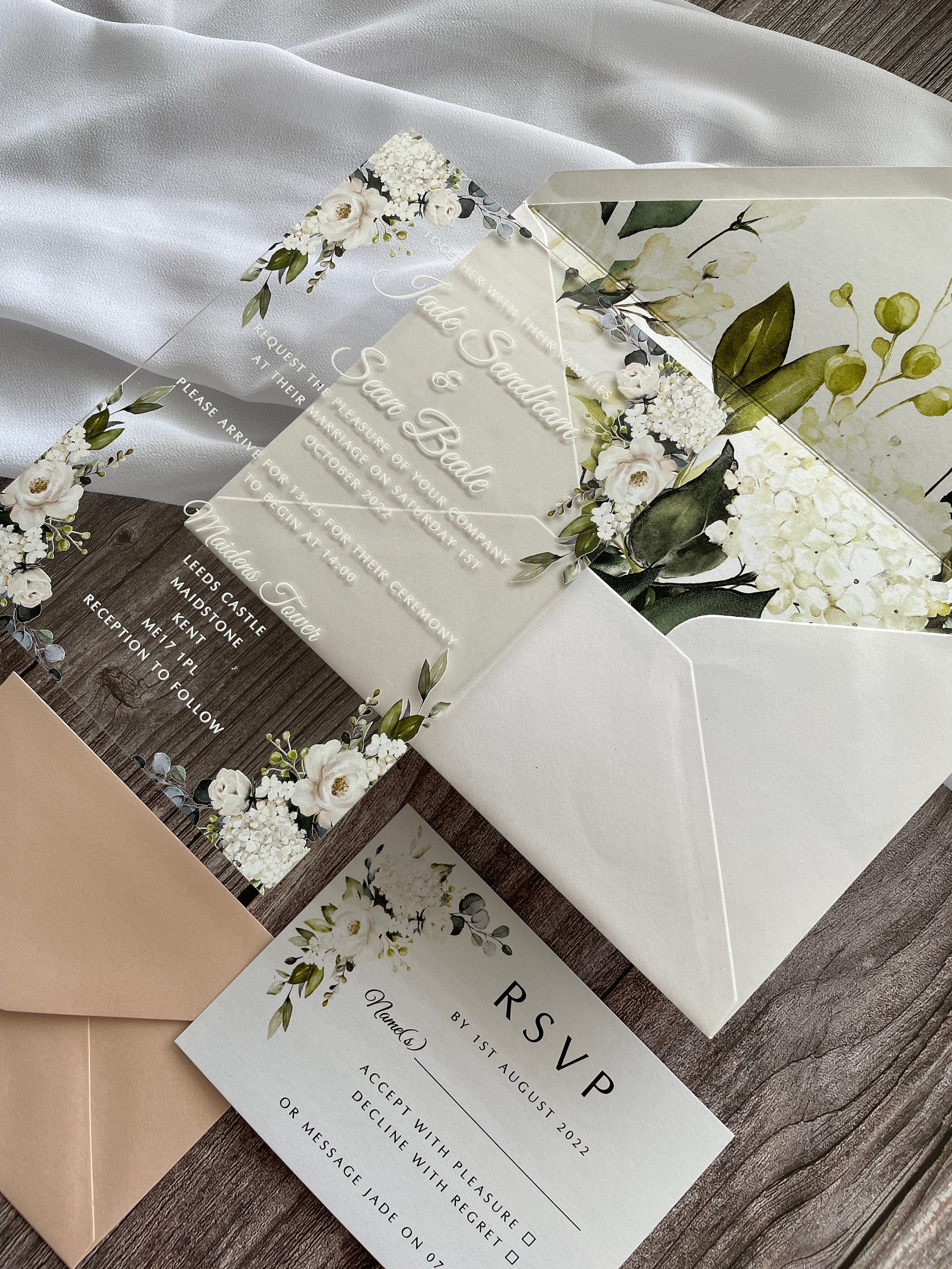Clear Acrylic White Roses & Foliage Wedding Invite