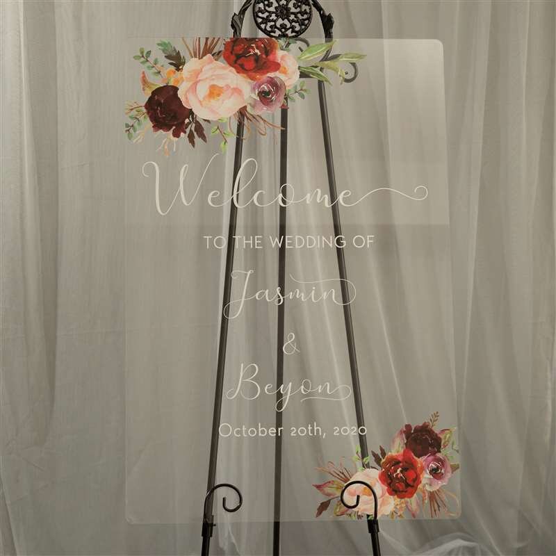 Burgundy & Blush Floral Acrylic Wedding Welcome Sign