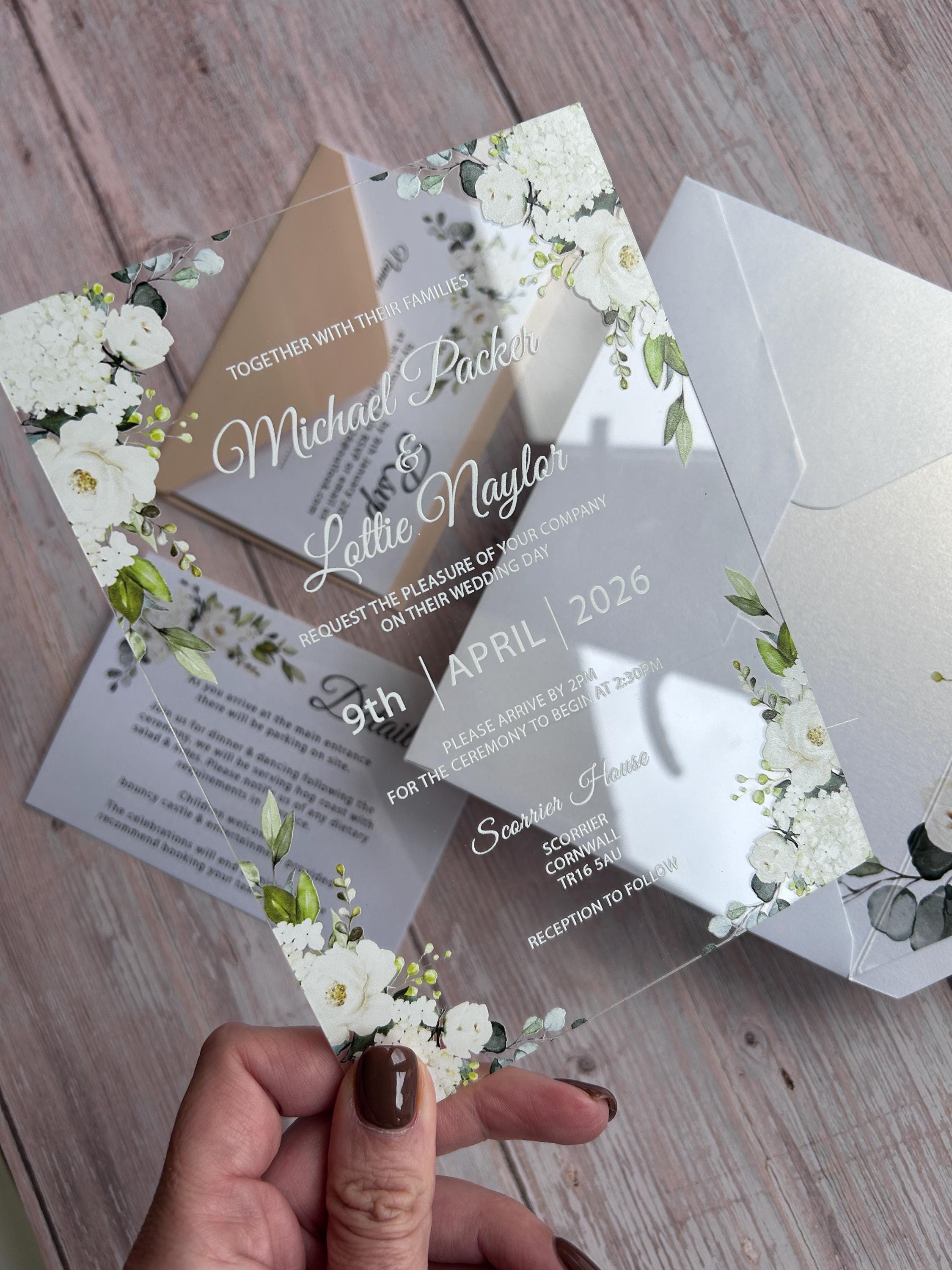 Clear Acrylic White Roses & Foliage Wedding Invite