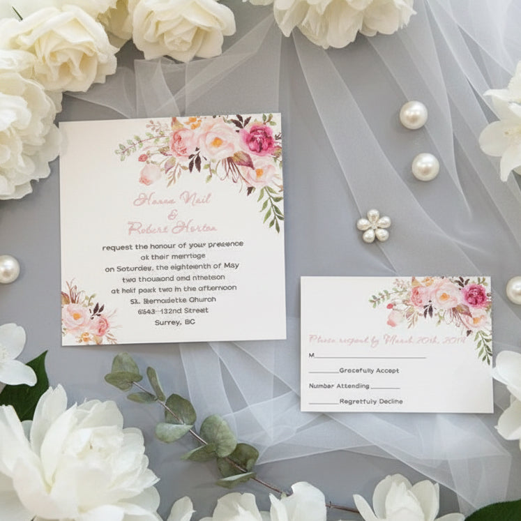 Pink Floral UV Printed Wedding Invitation