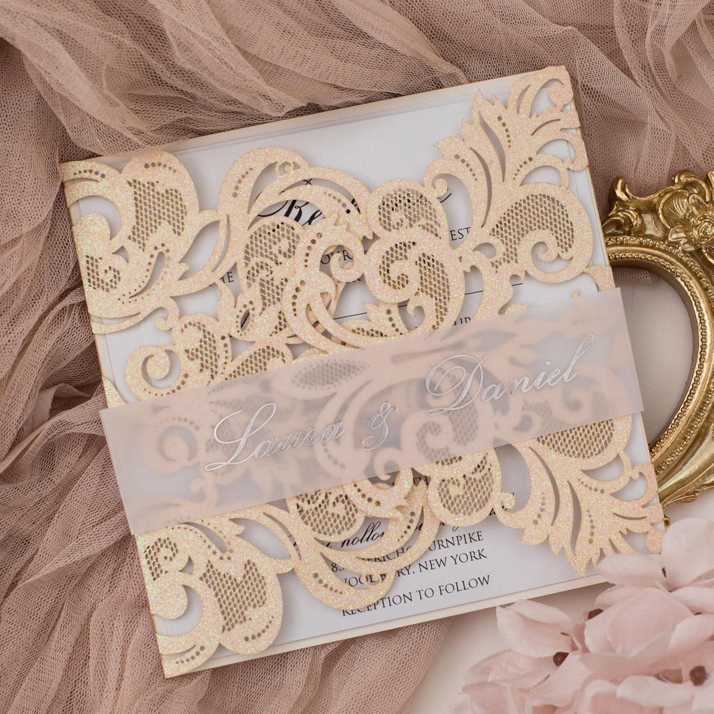 Blush Glitter Wedding Invitation: Silver Foil, Vellum Bellyband