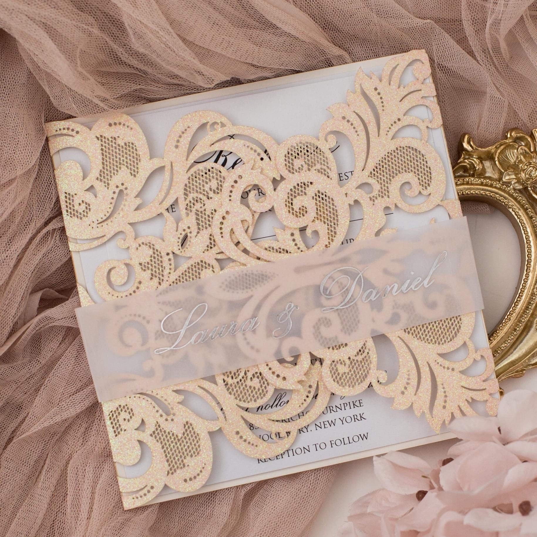 Blush Glitter Wedding Invitation: Silver Foil, Vellum Bellyband