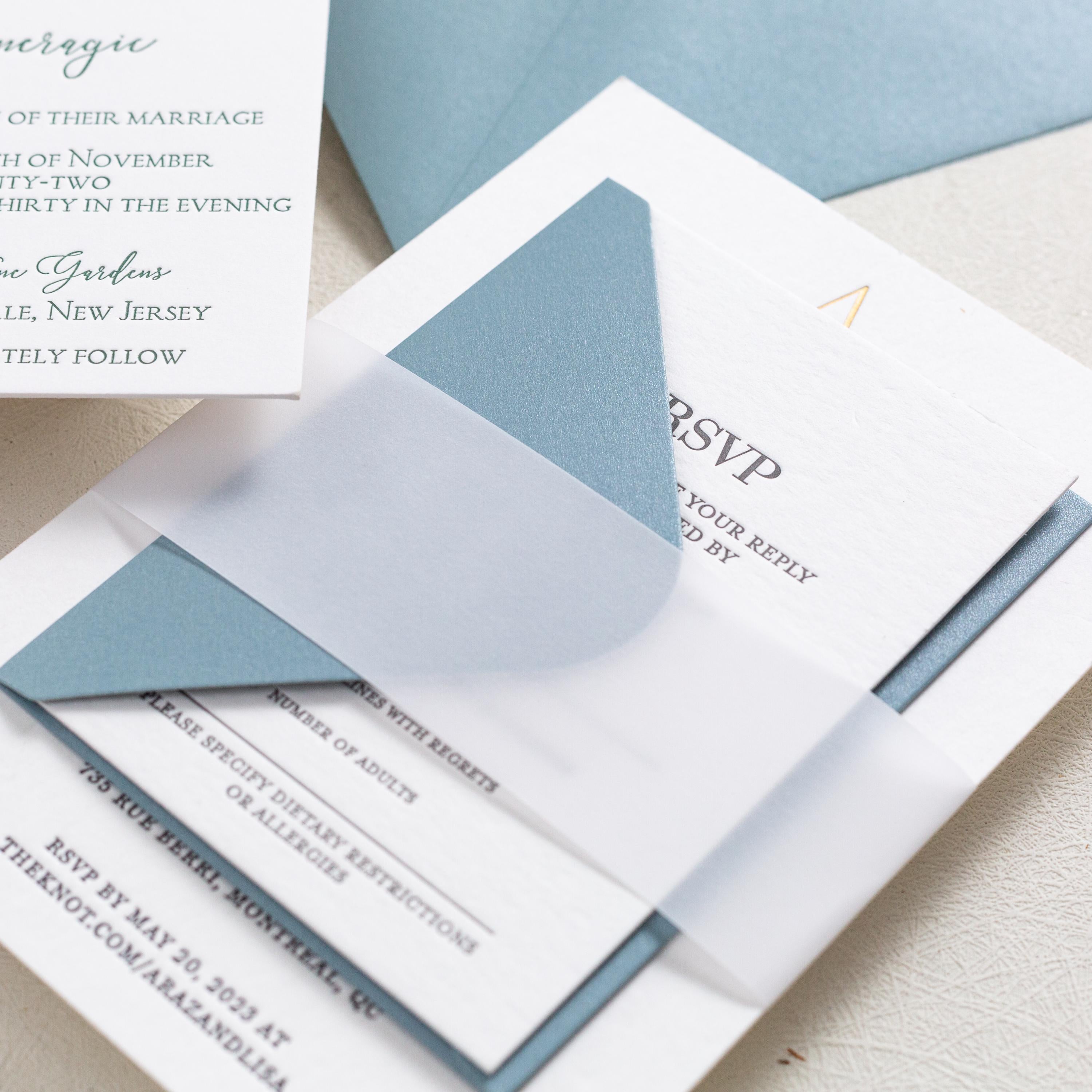 Luxury Letterpress wedding invite with foiled emblem, vellum bellyband and blue envelope | Wedding Invitation