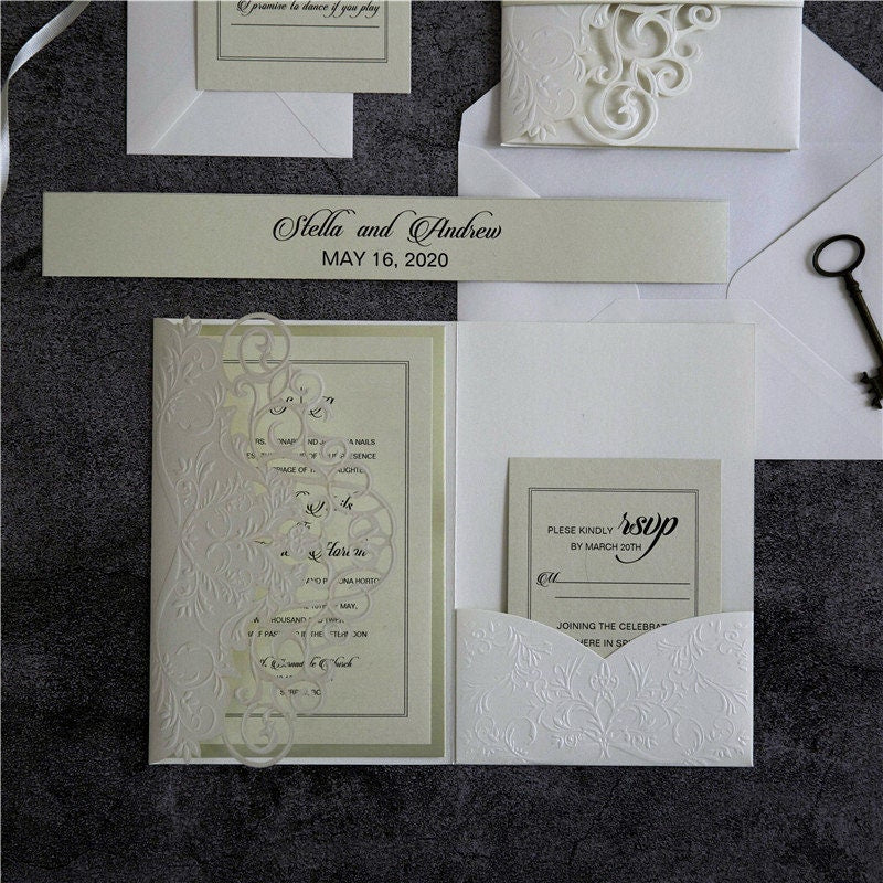 Laser Cut Wedding Invitation, Ivory Embossed Shimmer Card