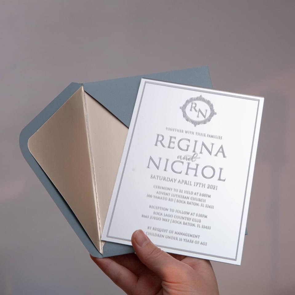 Silver Mirror Acrylic Wedding Invitation with Dusty Blue Envelope & Matte Champagne Envelope Liner