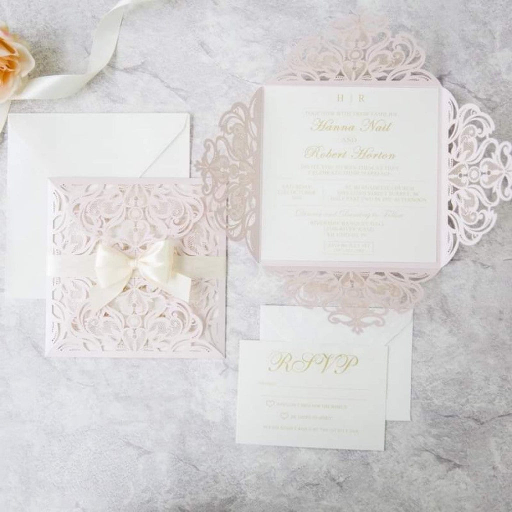 Blush Pink & Ivory Lasercut Wedding Invite with Ivory Ribbon Bow
