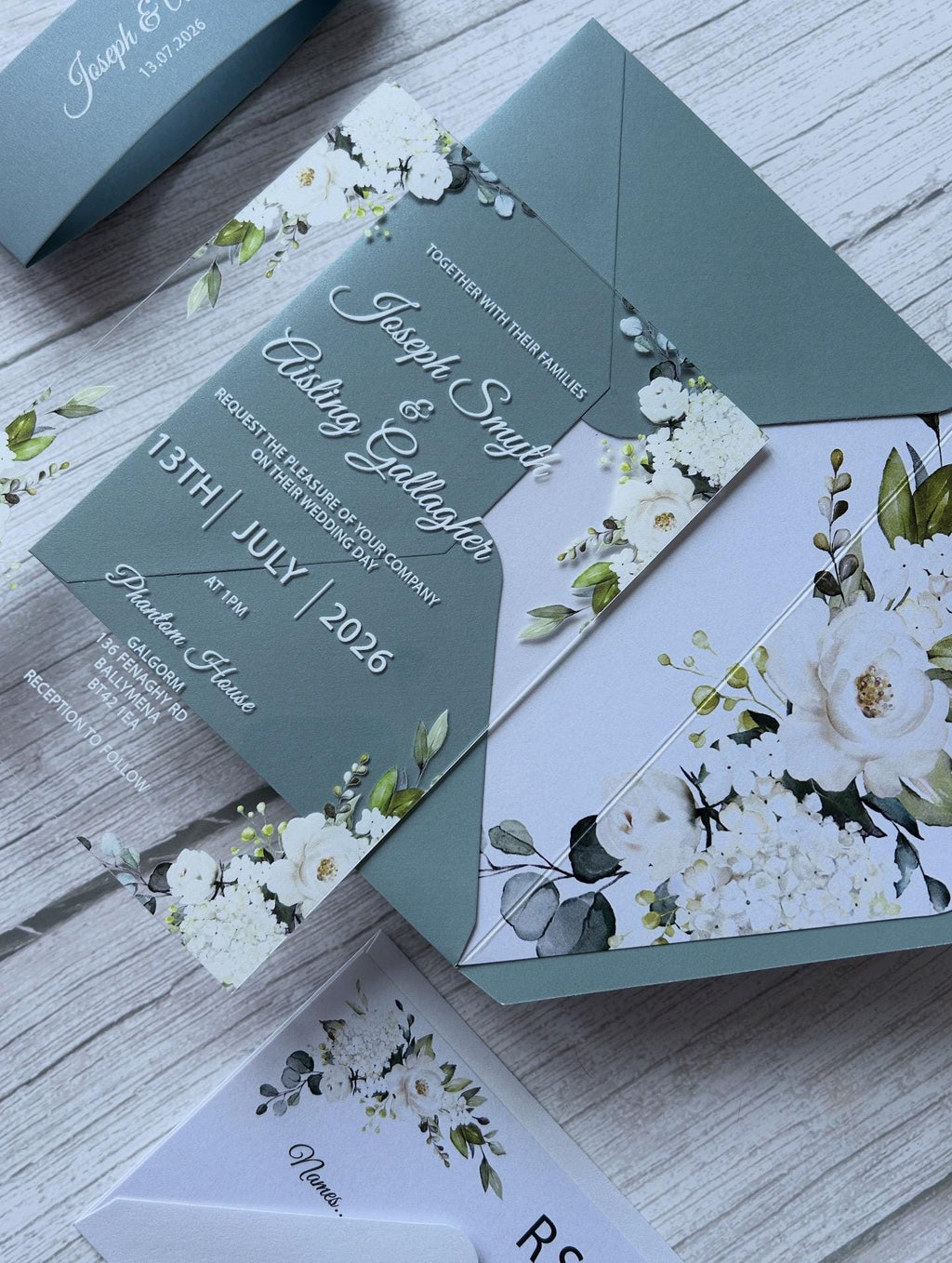 Elegant Acrylic Wedding Invitation: Dusty Blue Floral, Shimmer Envelope