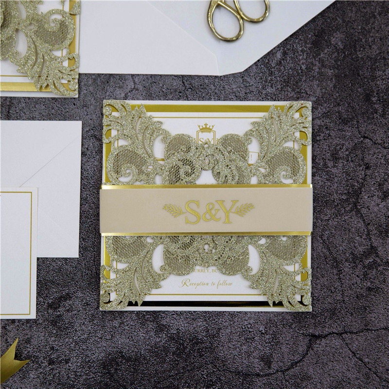 Gold Foil & Gold Glitter Sparkle Lasercut Wedding Invitation with Vellum Bellyband Detailing