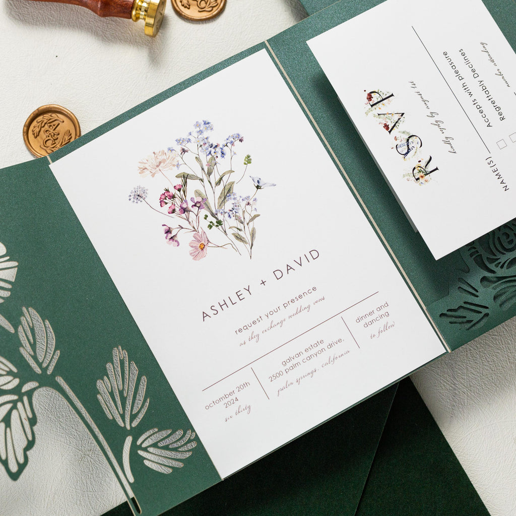 Floral Lasercut Pocketfold Wedding Invitation with Matching Inserts & Personalised Wax Seal with Velvet Envelope