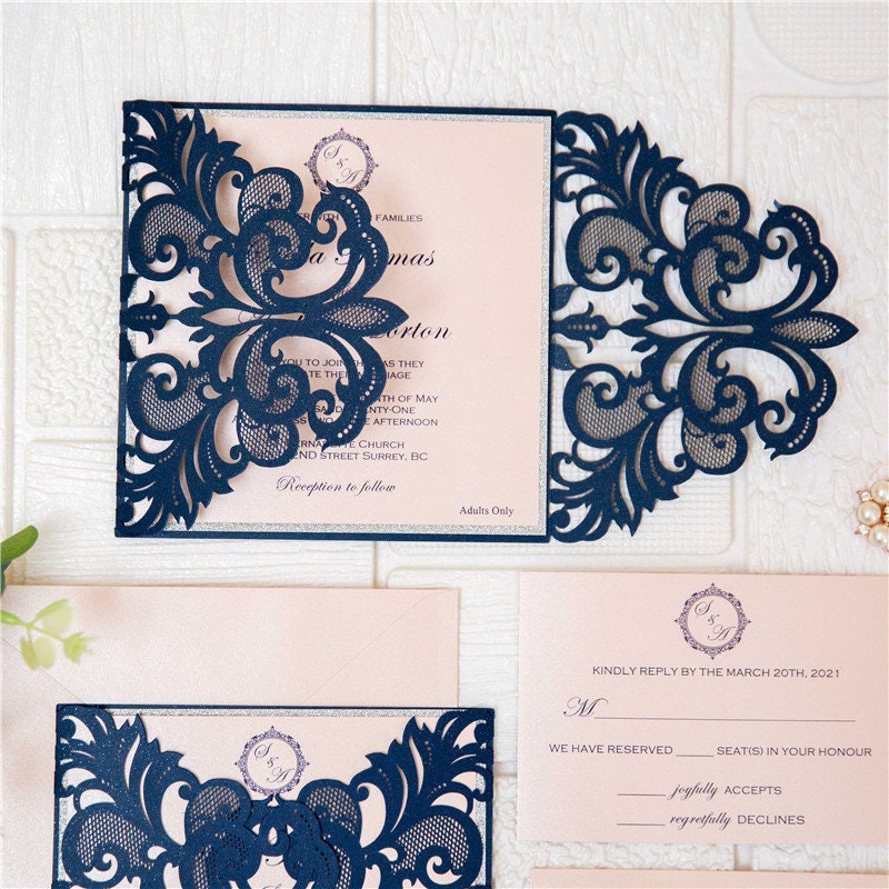 Navy Laser Cut Wedding Invitation, Blush and Silver Glitter