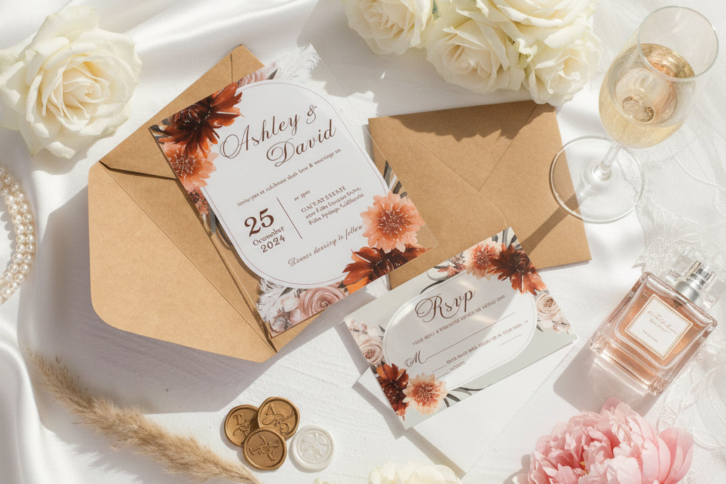 Burnt Orange Floral Acrylic Wedding Invitation | Autumn Theme