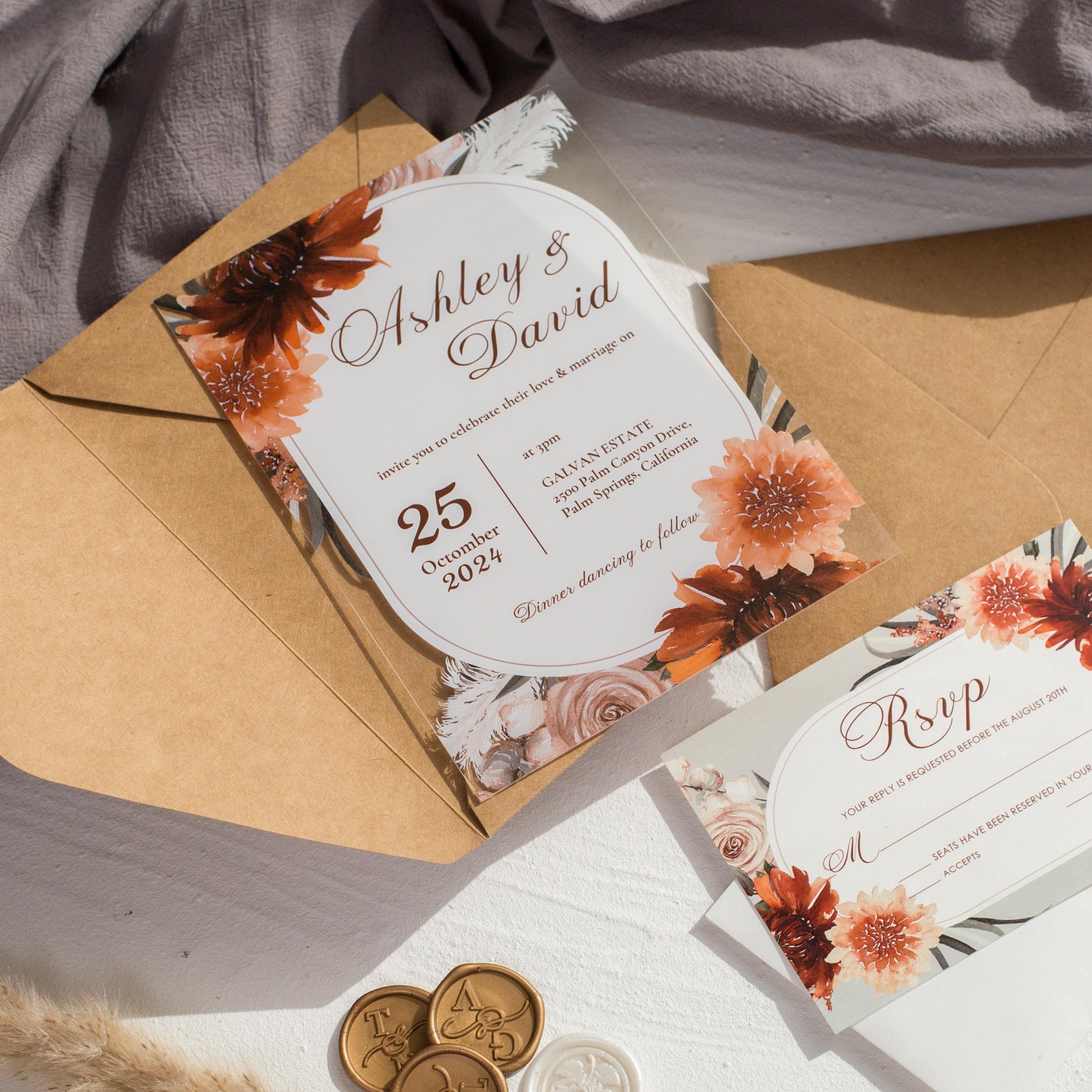 Burnt Orange Floral Acrylic Wedding Invitation | Autumn Theme