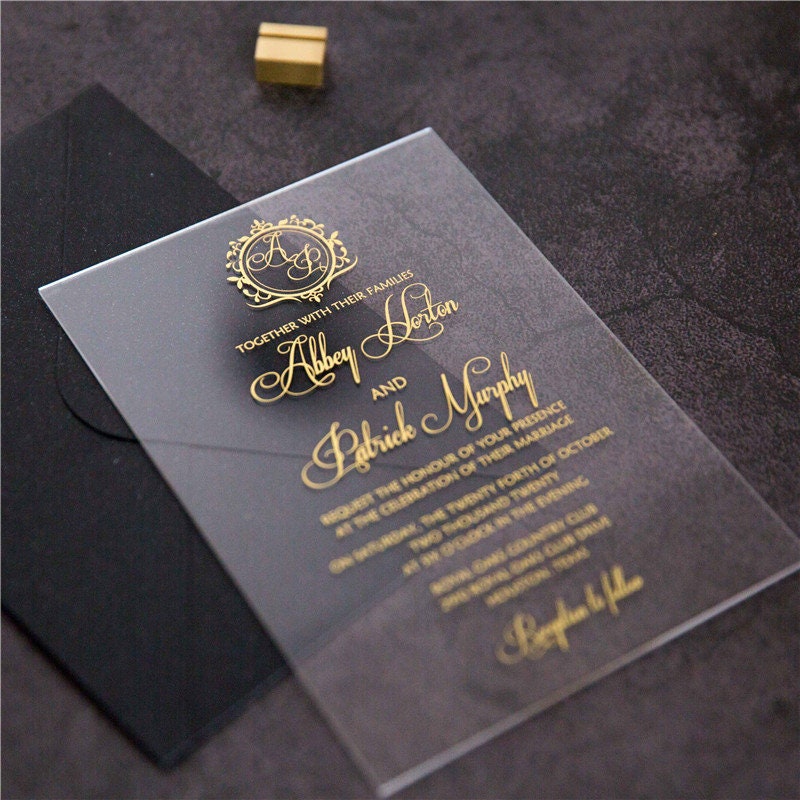 Acrylic Wedding Invitation: Clear Perspex with Gold Print
