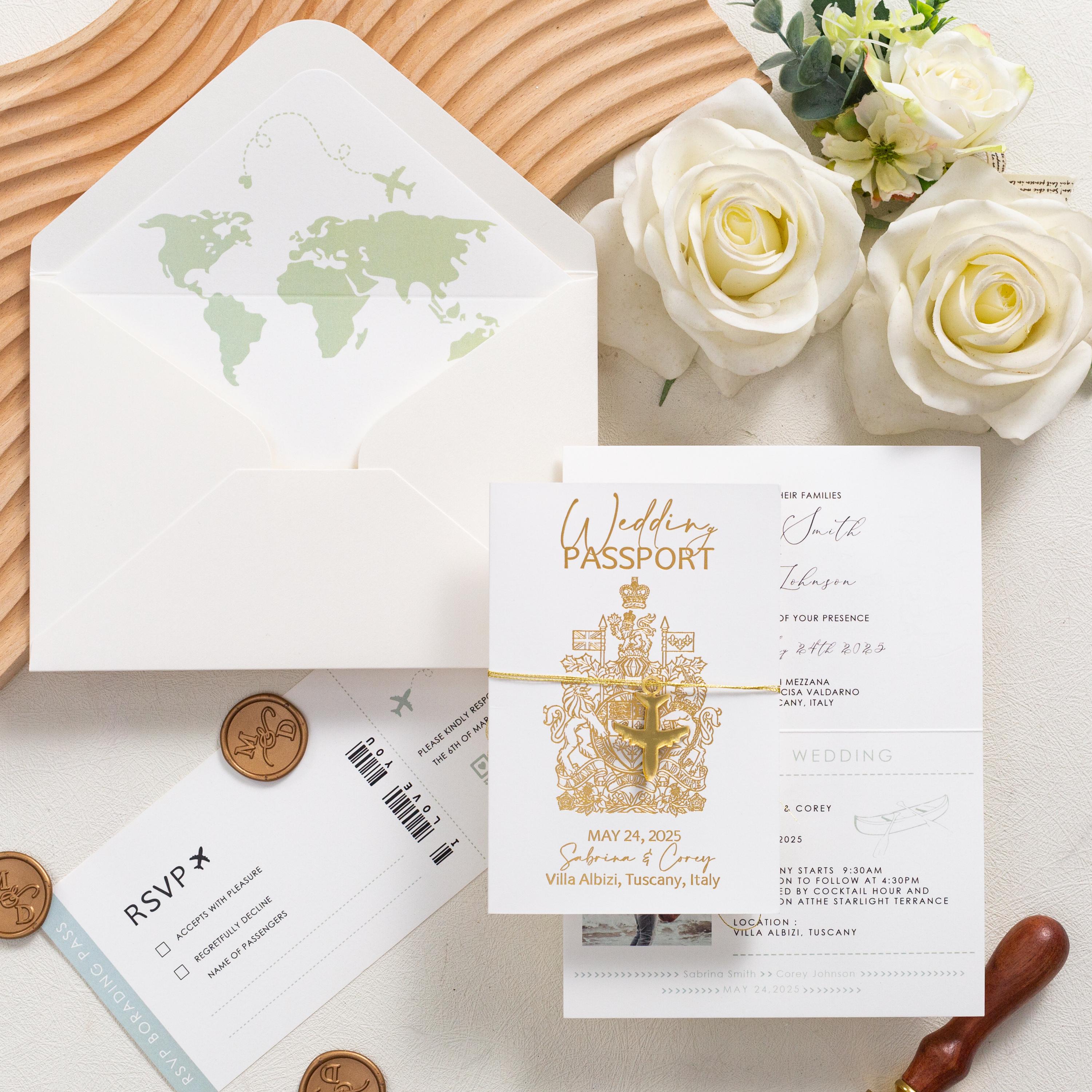 Destination Wedding Passport Invitation with Gold Airplane Charm