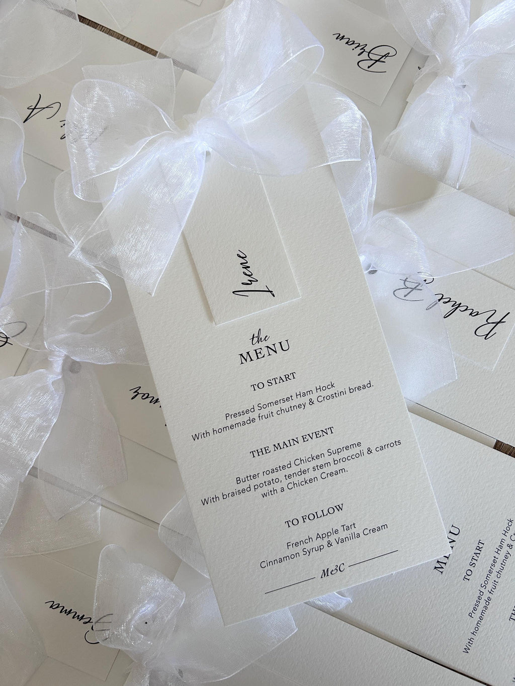 Modern Wedding Menu with Chiffon Bow & Guest Name