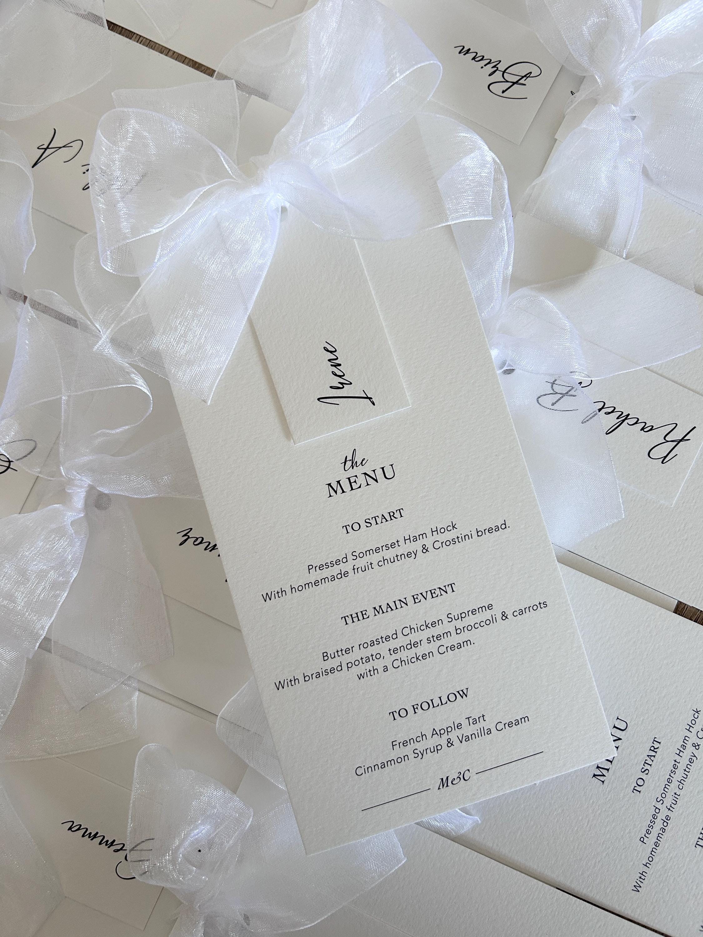 Modern Wedding Menu with Chiffon Bow & Guest Name