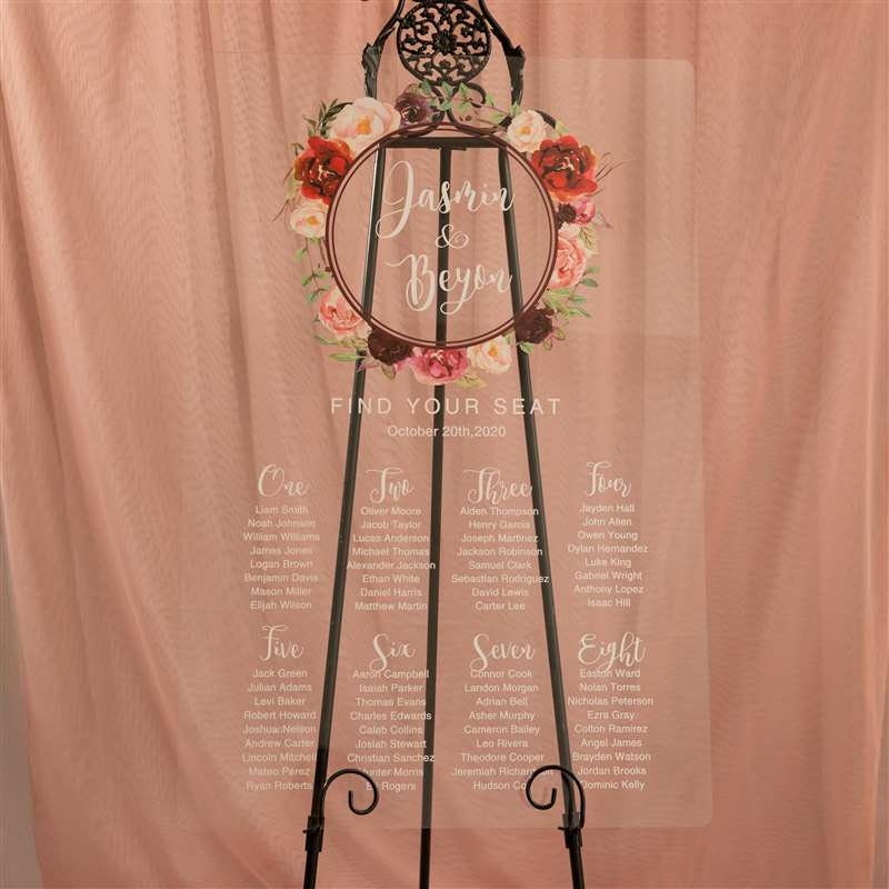 Burgundy Floral Acrylic Wedding Seating Chart, Calligraphy Sign