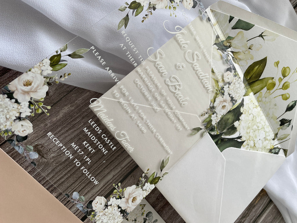 Clear Acrylic White Roses & Foliage Wedding Invite