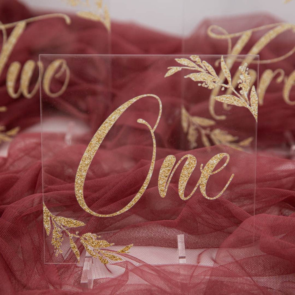 Gold Foil Acrylic Wedding Table Numbers with Floral Design