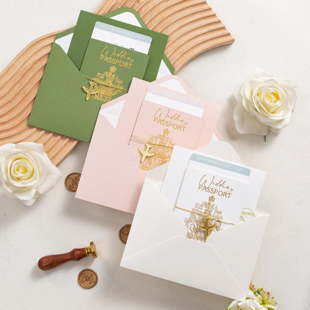 Destination Wedding Invitation: Passport with Gold Foil Airplane