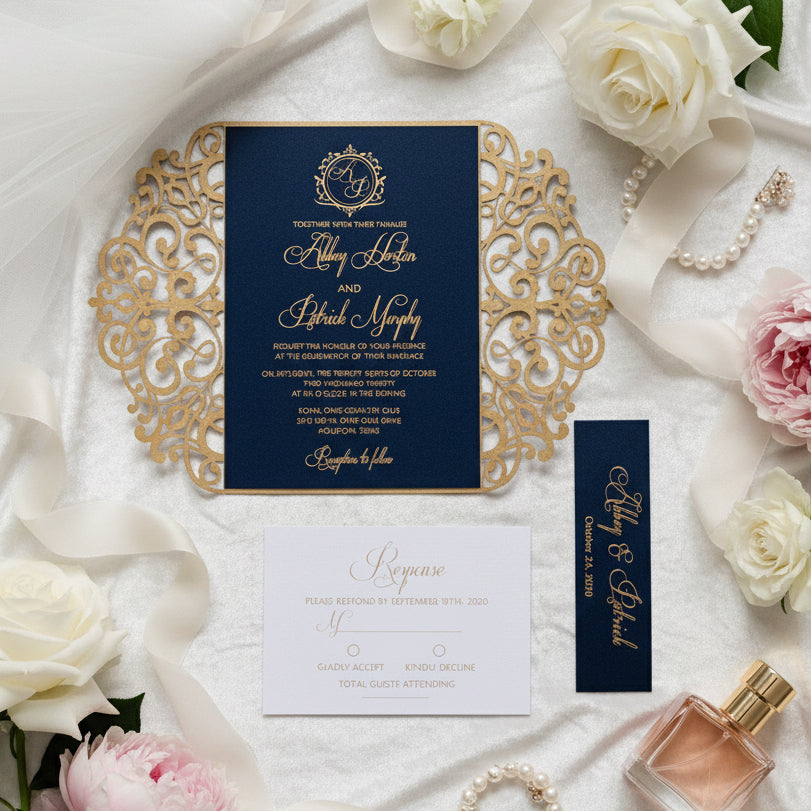 Gold Lasercut Wedding Invitation, Navy Bellyband & Gold Foiling