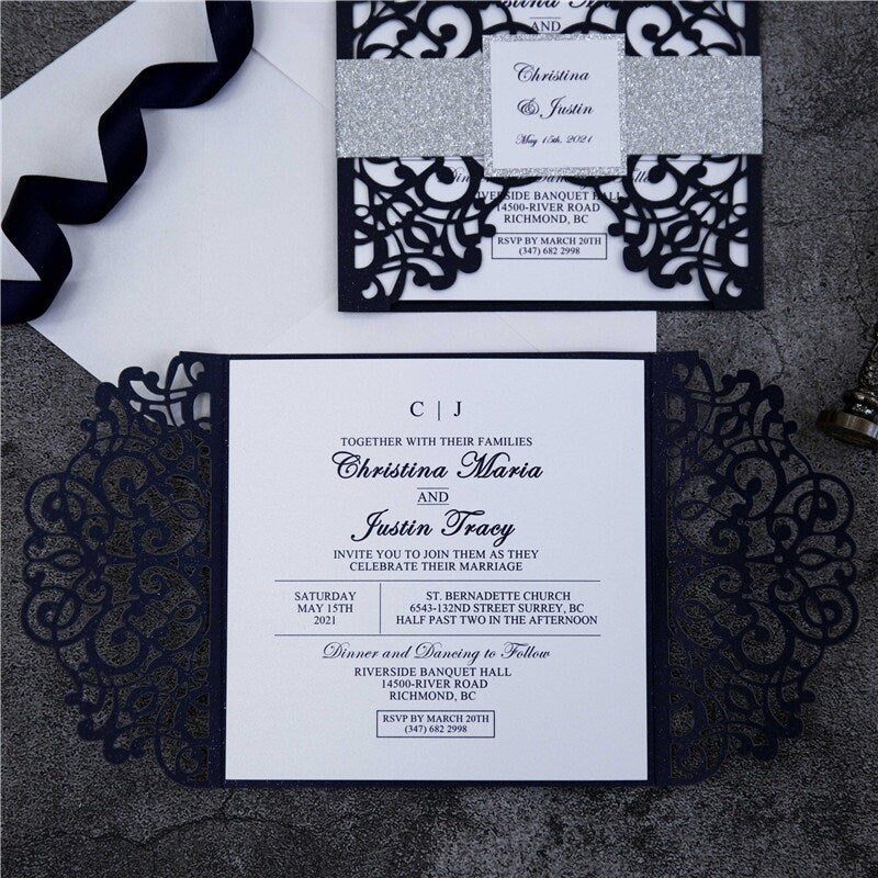Navy Lasercut Gatefold Wedding Invitation with Silver Glitter Belly Band