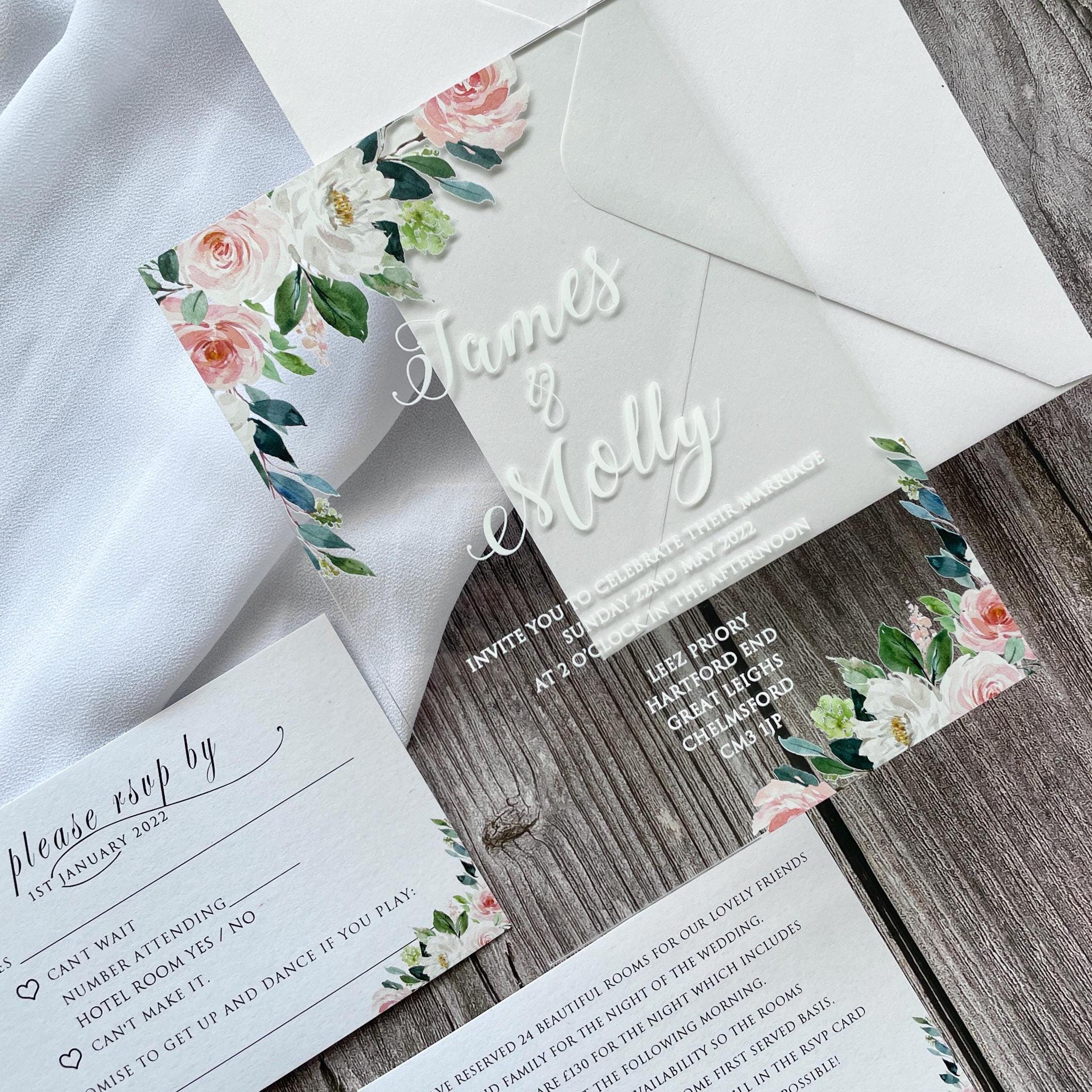 Floral Acrylic Wedding Invitation | Blush Pink, White, & Green