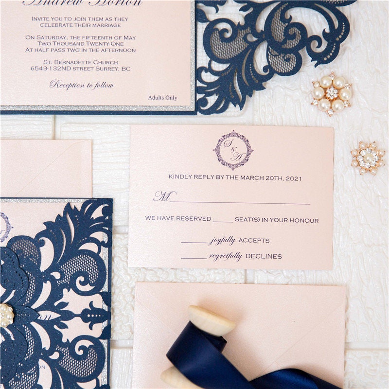 Navy Laser Cut Wedding Invitation, Blush and Silver Glitter
