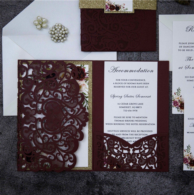 Burgundy Floral Lasercut Pocketfold Wedding Invitation with Gold Glitter Belly Band