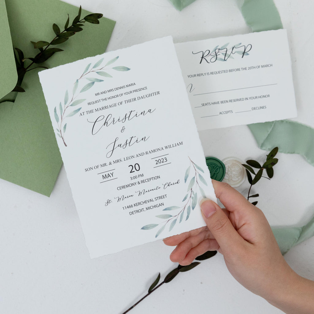 Deckle Edge Green Wedding Invitation and RSVP with Wax Seal | Botanical Wedding Invite