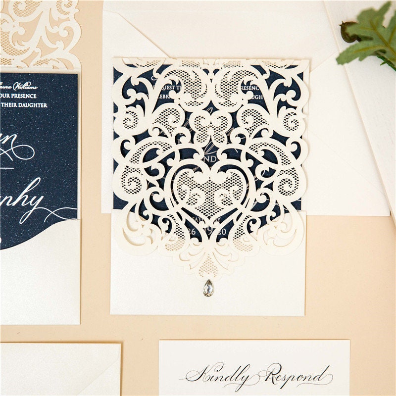 Ivory & Navy Lasercut Wedding Invite with Silver Foil Detailing