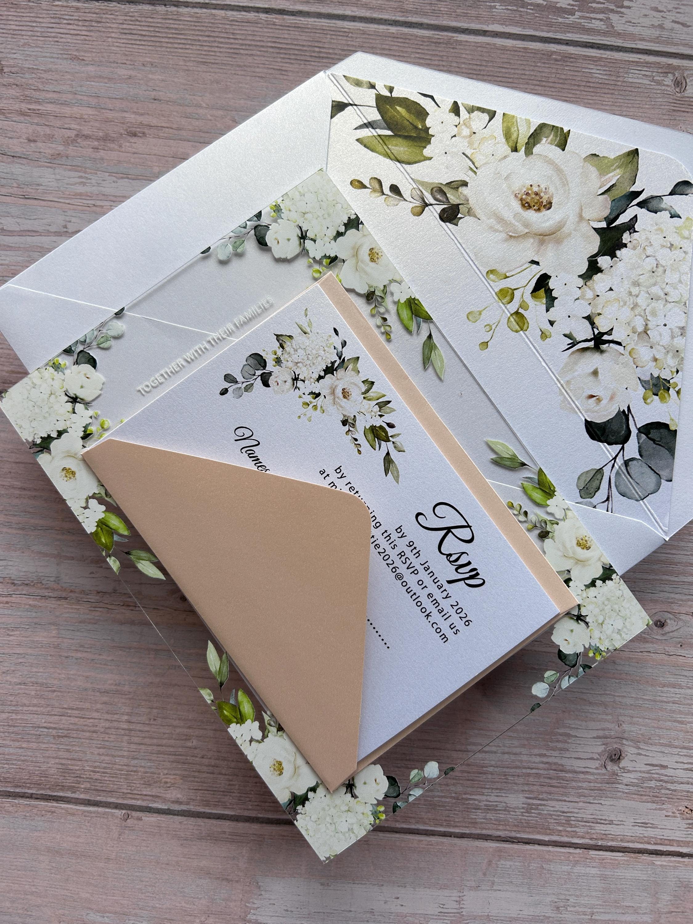 Clear Acrylic White Roses & Foliage Wedding Invite