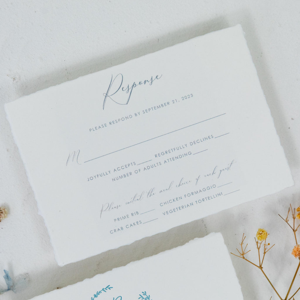 Dusty Blue Letter Press Deckle Edge Wedding Invite with Bellyband and Matching Envelope