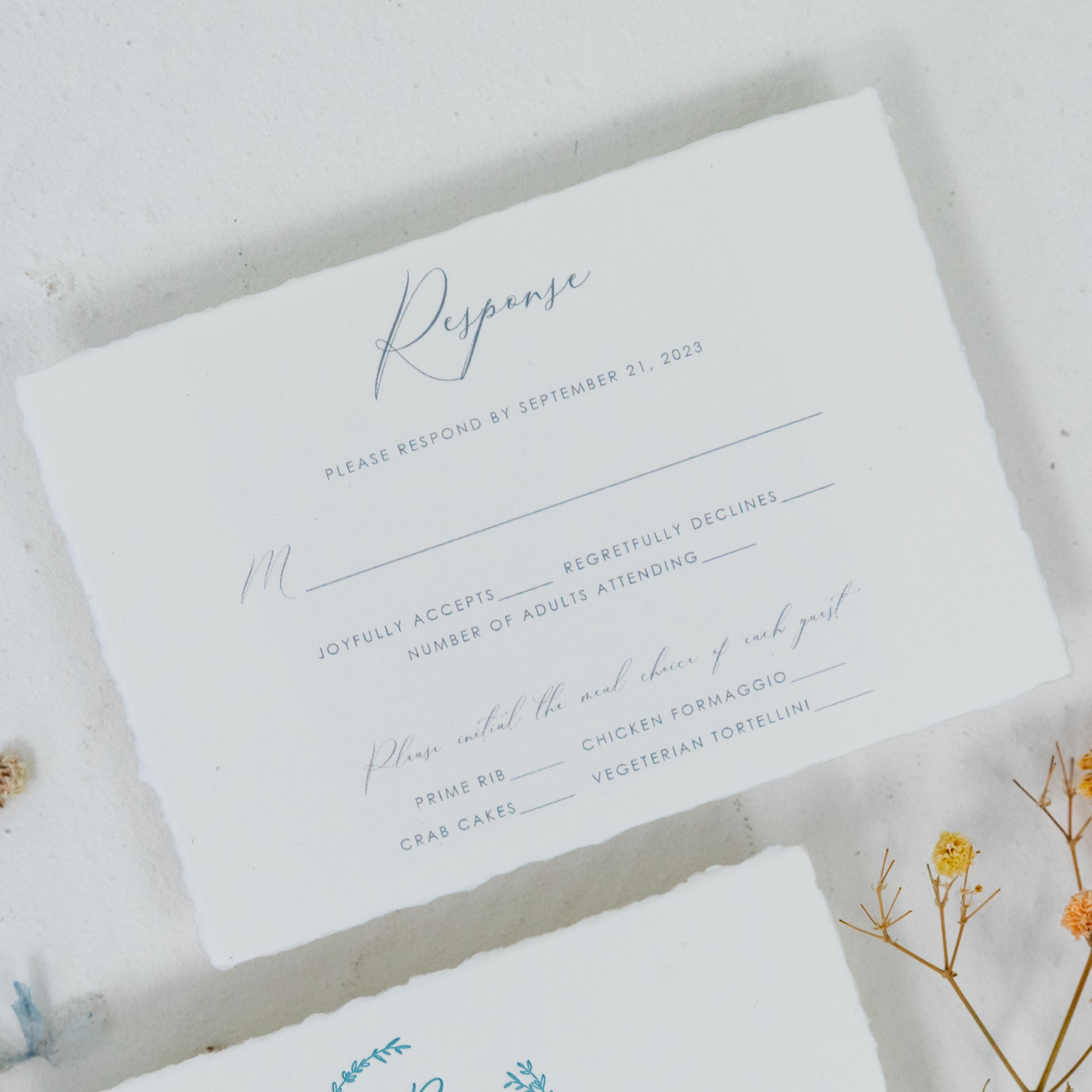 Dusty Blue Letter Press Deckle Edge Wedding Invite with Bellyband and Matching Envelope