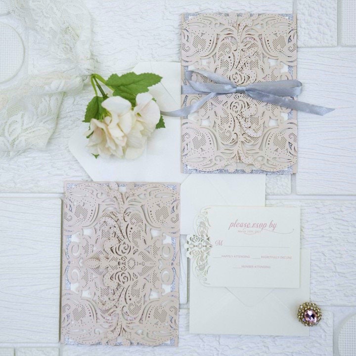 Laser Cut Blush Wedding Invitation with Silver Glitter