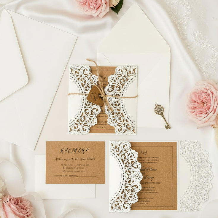 Laser Cut Wedding Invitation: Rustic Kraft & Ivory Shimmer