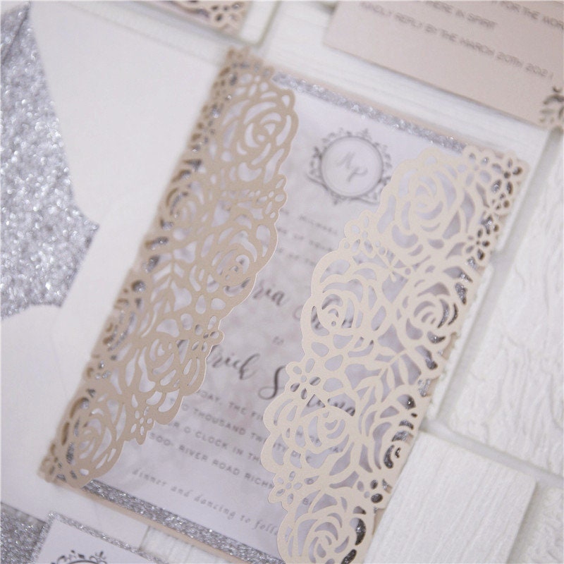 Blush & Silver Laser Cut Wedding Invitation, Glitter Belly Band