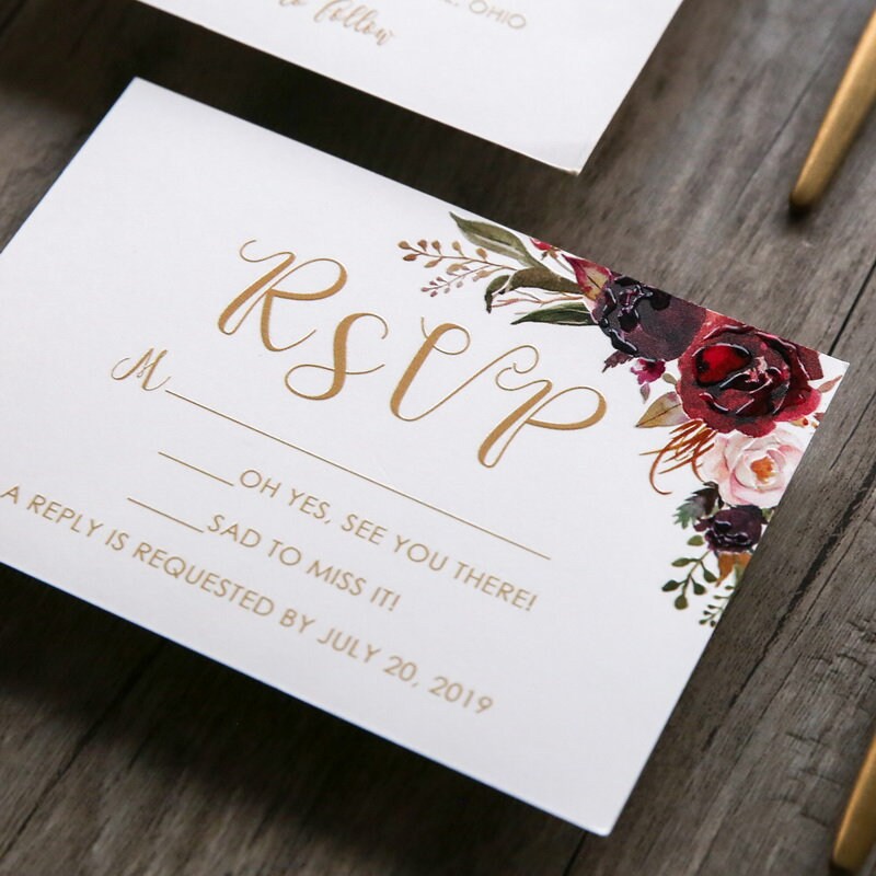UV Printed Burgundy Floral Wedding Invitation, RSVP Set
