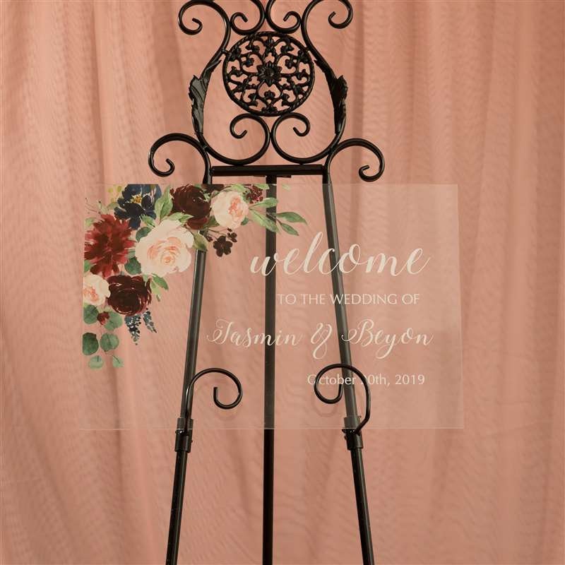 Burgundy Floral Acrylic Wedding Welcome Sign