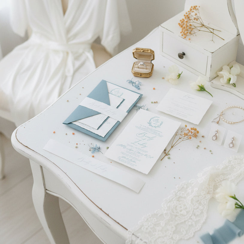 Dusty Blue Letter Press Deckle Edge Wedding Invite with Bellyband and Matching Envelope