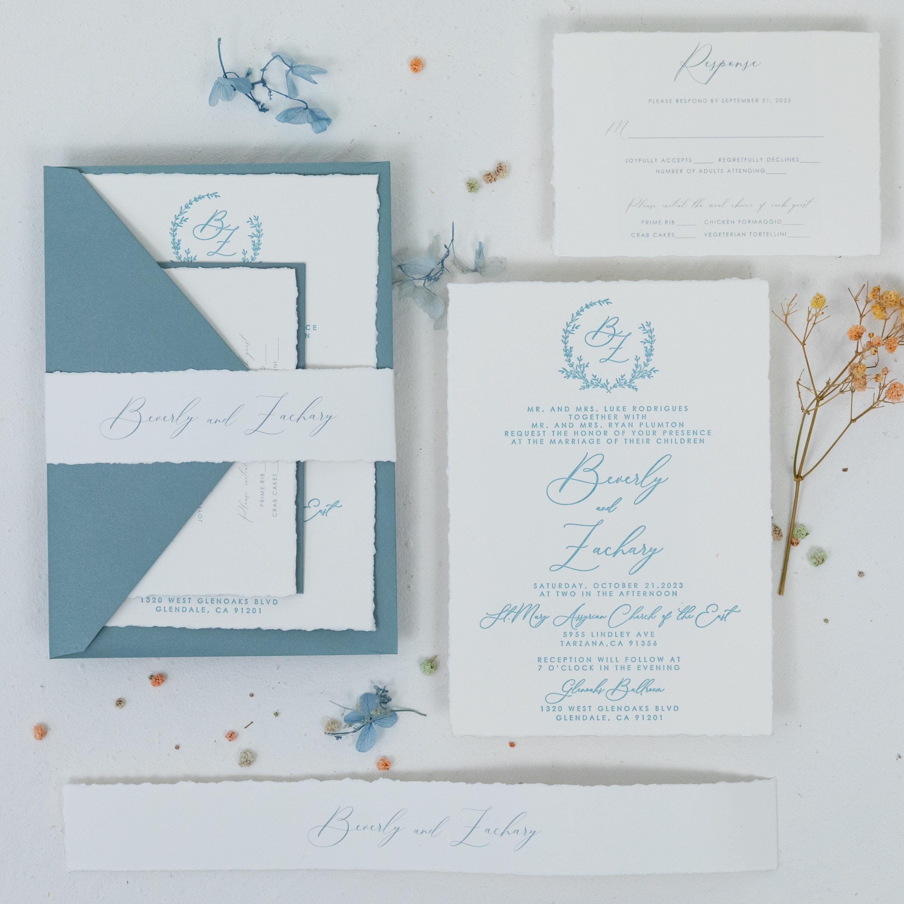 Dusty Blue Letter Press Deckle Edge Wedding Invite with Bellyband and Matching Envelope