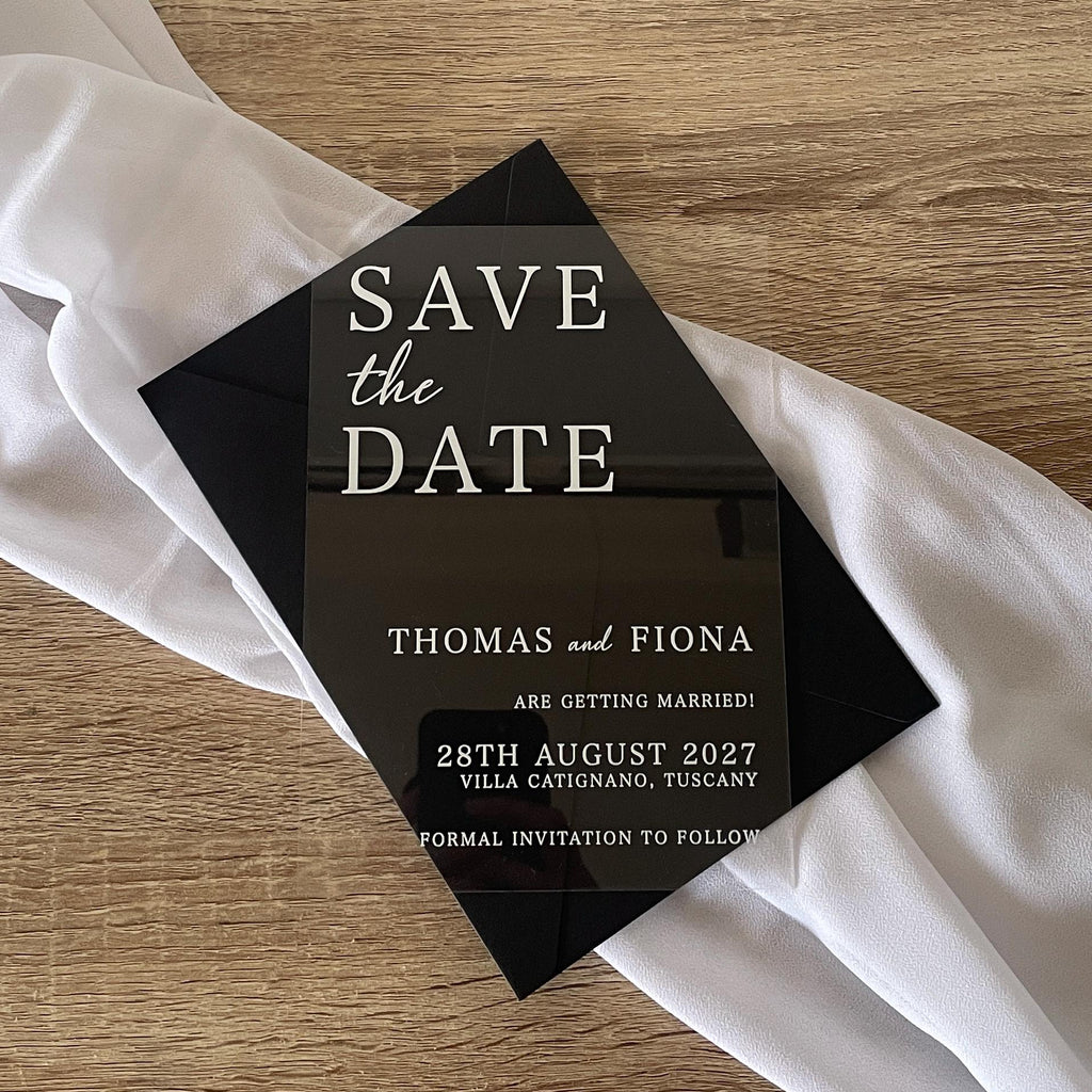 Clear Acrylic Save The Date | Black & White Modern Wedding